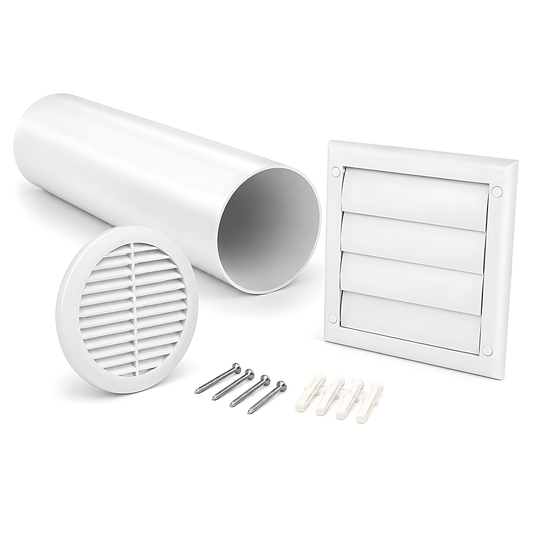 100mm Wall Vent Kit with 500mm Duct, Indoor Grille & Backdraught Vent for Bathrooms, Kitchens, Toilets, Cloakrooms & Utility Rooms