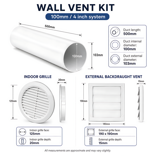 100mm Wall Vent Kit with 500mm Duct, Indoor Grille & Backdraught Vent for Bathrooms, Kitchens, Toilets, Cloakrooms & Utility Rooms