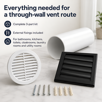 100mm 4 Inch Wall Vent Kit with 500mm Duct & Black Backdraught Grille for Bathrooms, Kitchens, Toilets, Cloakrooms & Utility Rooms