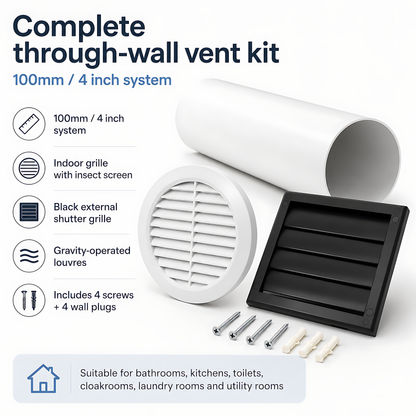 100mm 4 Inch Wall Vent Kit with 500mm Duct & Black Backdraught Grille for Bathrooms, Kitchens, Toilets, Cloakrooms & Utility Rooms
