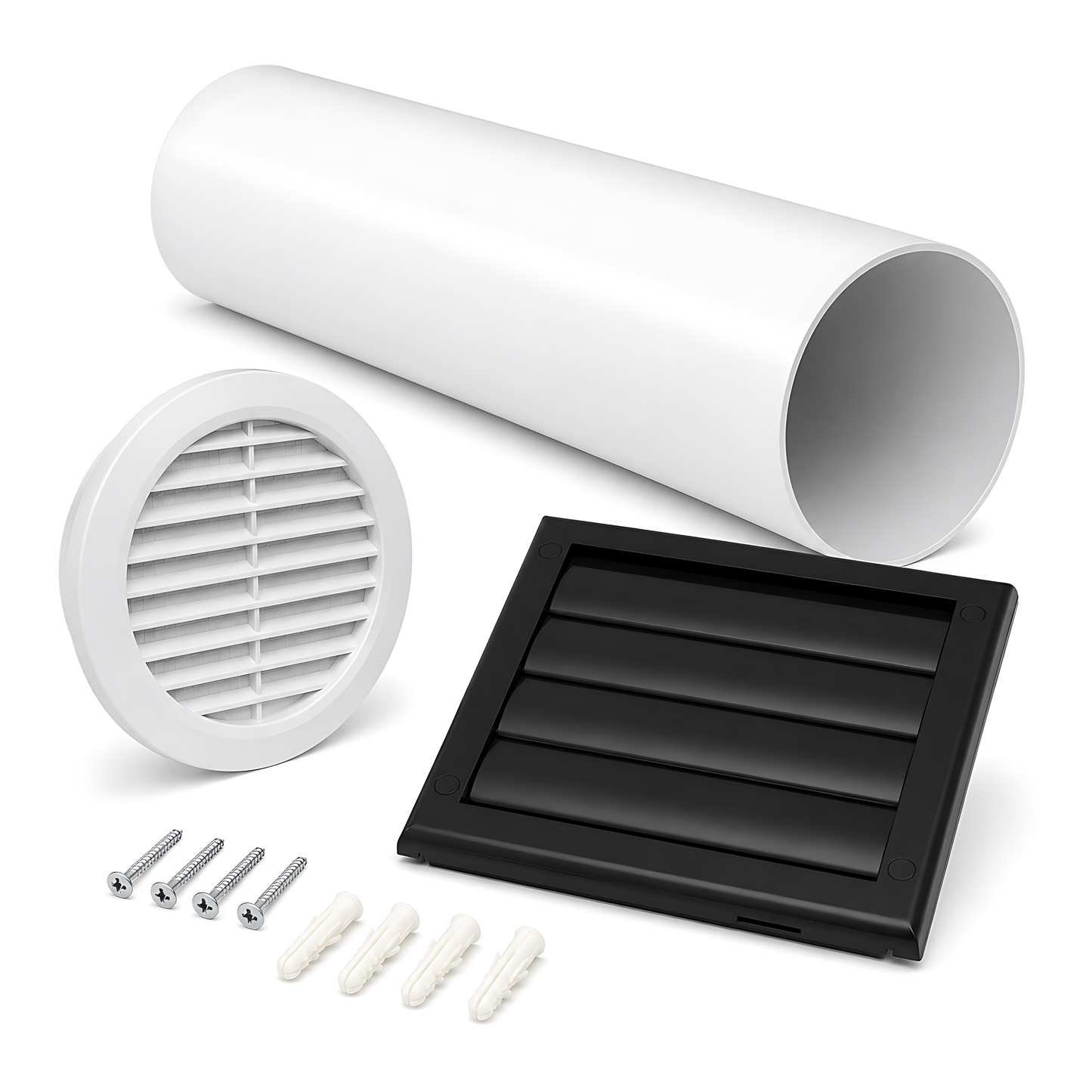 100mm 4 Inch Wall Vent Kit with 500mm Duct & Black Backdraught Grille for Bathrooms, Kitchens, Toilets, Cloakrooms & Utility Rooms