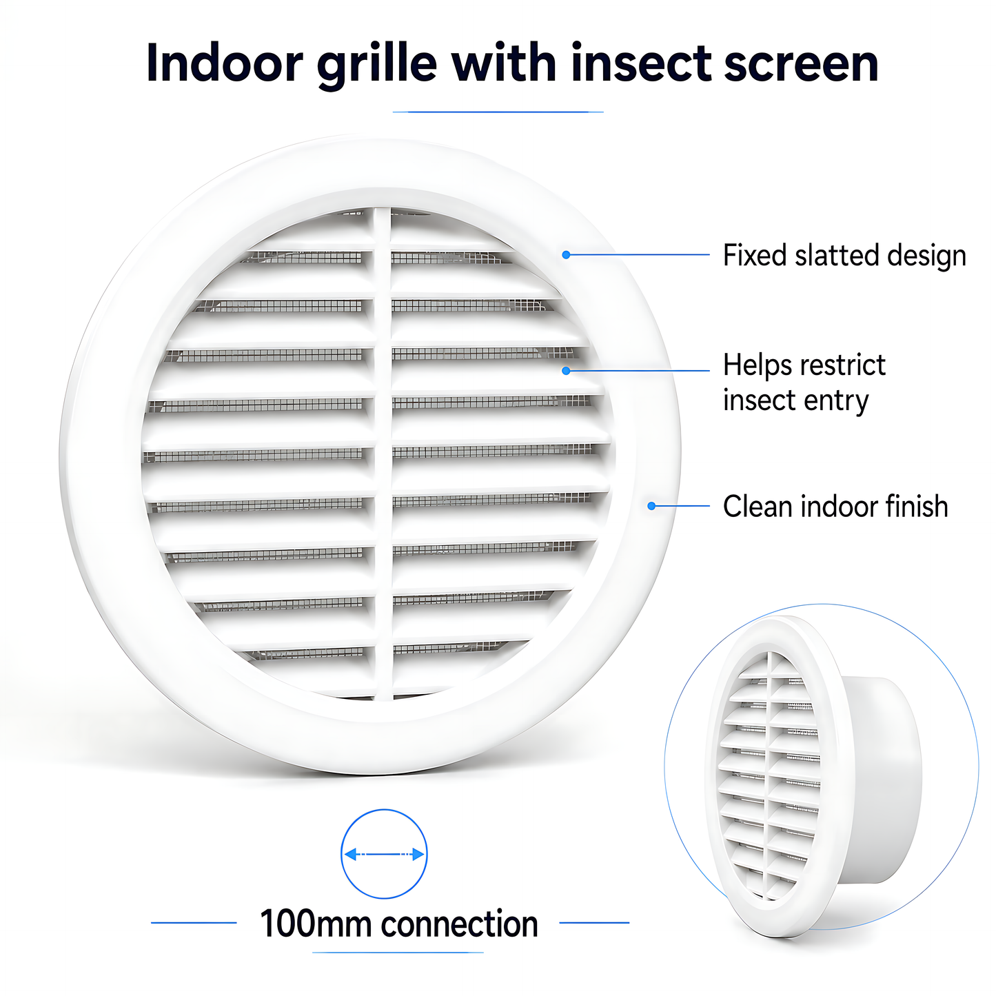100mm 4 Inch Wall Vent Kit with 500mm Duct & Black Backdraught Grille for Bathrooms, Kitchens, Toilets, Cloakrooms & Utility Rooms