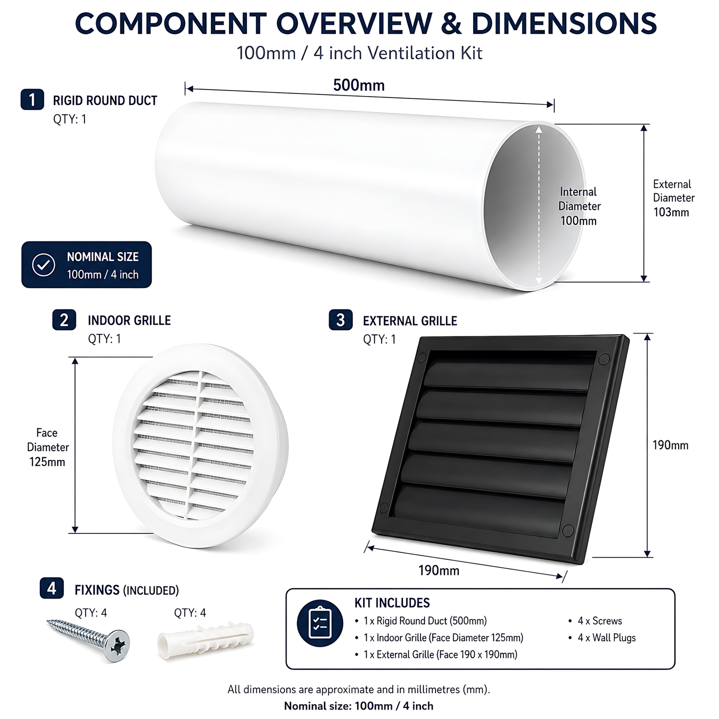 100mm 4 Inch Wall Vent Kit with 500mm Duct & Black Backdraught Grille for Bathrooms, Kitchens, Toilets, Cloakrooms & Utility Rooms