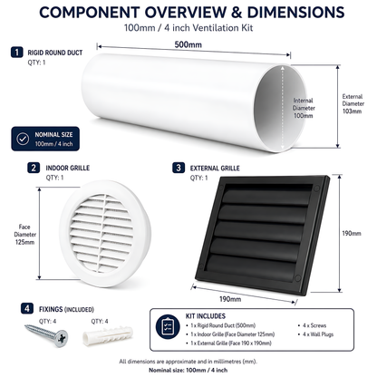 100mm 4 Inch Wall Vent Kit with 500mm Duct & Black Backdraught Grille for Bathrooms, Kitchens, Toilets, Cloakrooms & Utility Rooms