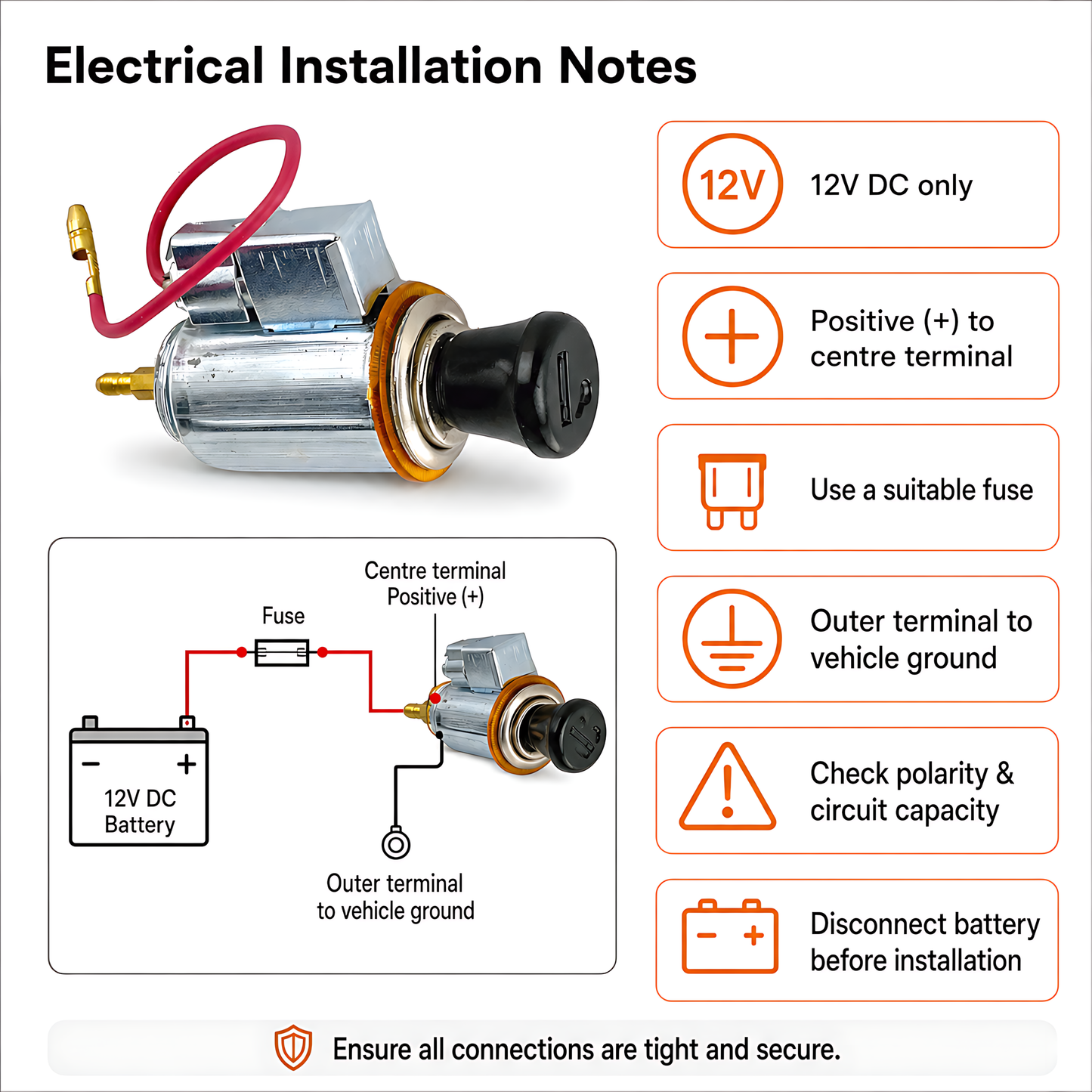12V Car Cigarette Lighter Socket and Power Outlet with Orange Illumination, Accessory Power Point - for Cars, Vans, Campers