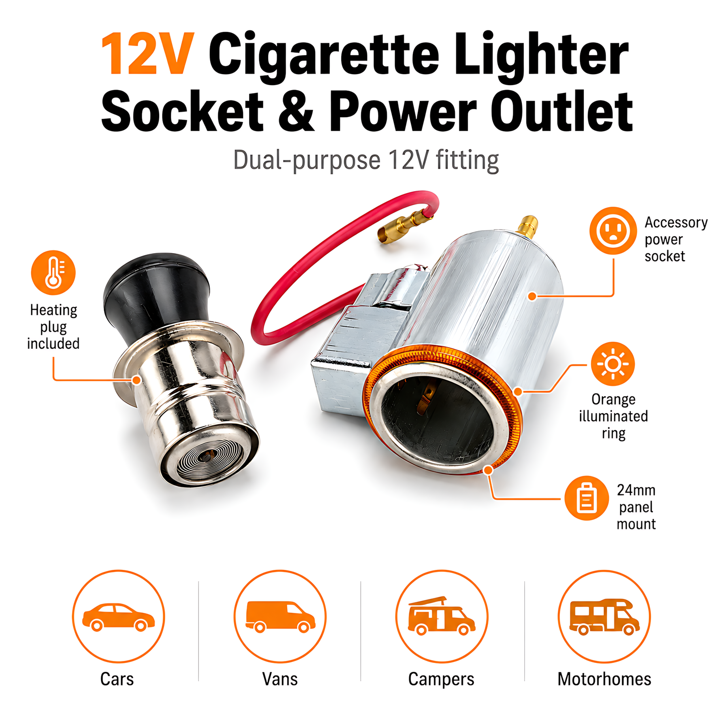 12V Car Cigarette Lighter Socket and Power Outlet with Orange Illumination, Accessory Power Point - for Cars, Vans, Campers