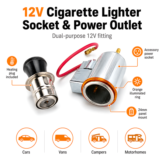 12V Car Cigarette Lighter Socket and Power Outlet with Orange Illumination, Accessory Power Point - for Cars, Vans, Campers