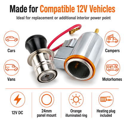 12V Car Cigarette Lighter Socket and Power Outlet with Orange Illumination, Accessory Power Point - for Cars, Vans, Campers