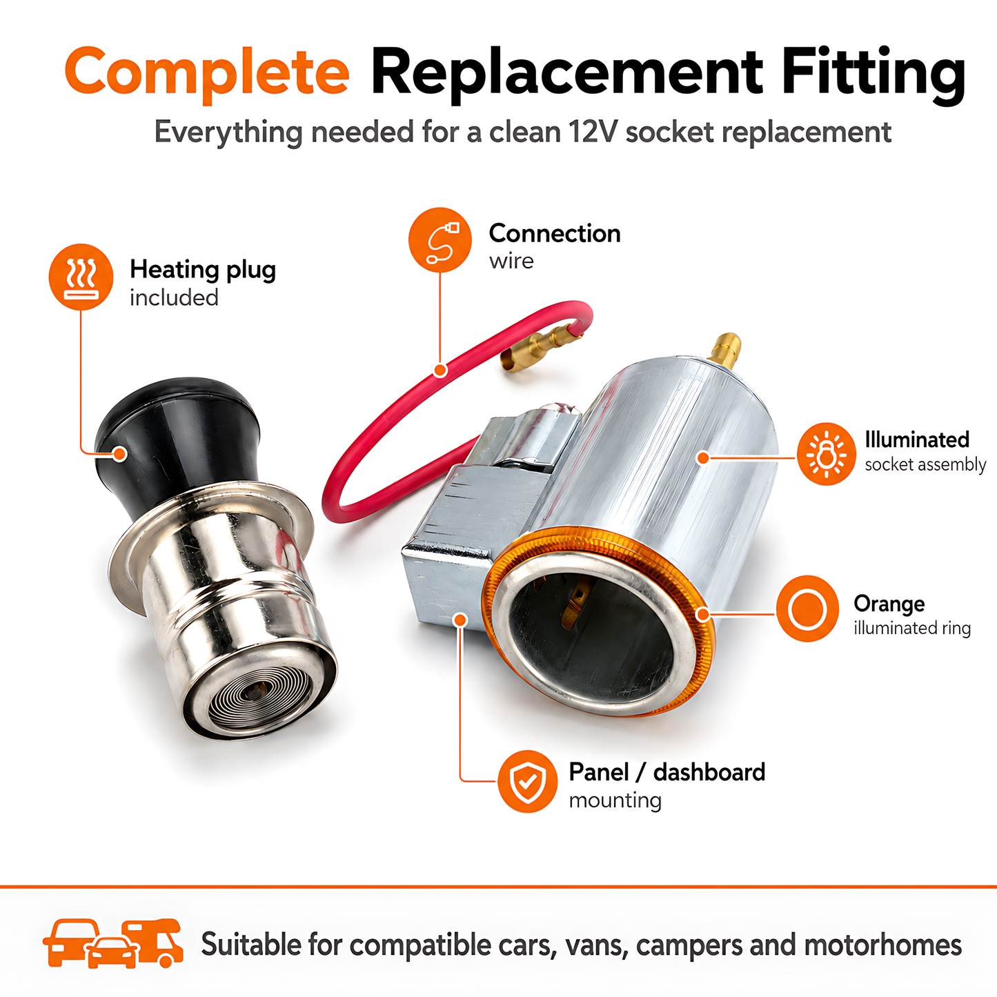 12V Car Cigarette Lighter Socket and Power Outlet with Orange Illumination, Accessory Power Point - for Cars, Vans, Campers