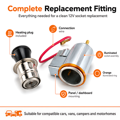 12V Car Cigarette Lighter Socket and Power Outlet with Orange Illumination, Accessory Power Point - for Cars, Vans, Campers