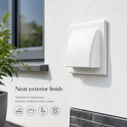 White Gravity Flap for 100 mm / 4" Round Wall Outlet - Ventilation Duct Cover with Non-Return Shutters and Rear Spigot