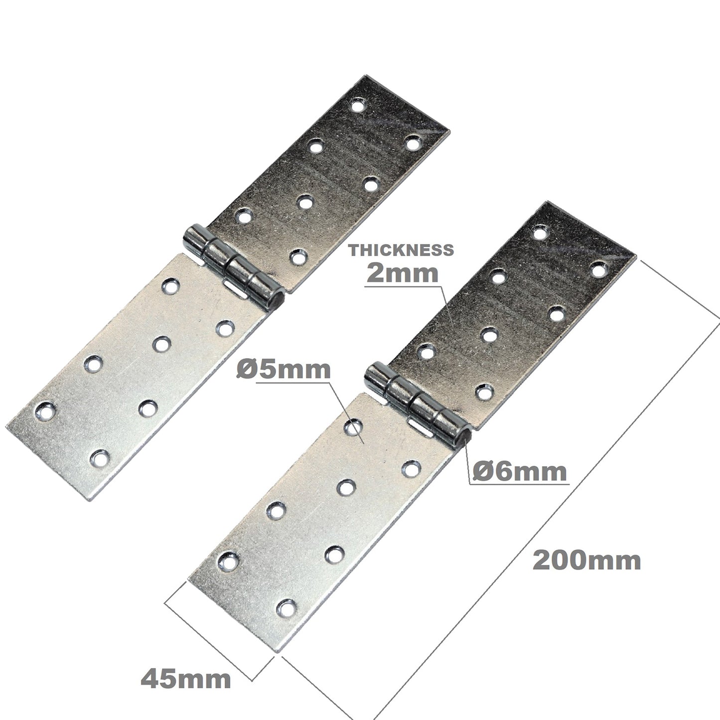 Pack of 2 x 200 mm Backflap Hinge Galvanised, Silver Steel Back Flap Hinges, Weather Resistant, Rust Corrosion Proof, Strap Hinges