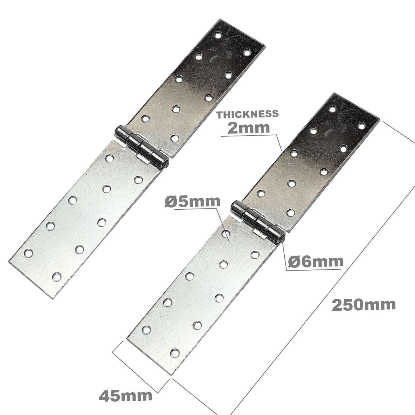 Pack of 2 x 250 mm Backflap Hinge Galvanised, Silver Steel Back Flap Hinges, Weather Resistant, Rust Corrosion Proof, Strap Hinges