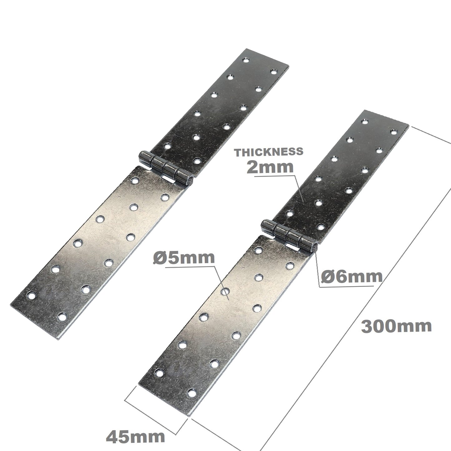 Pack of 2 x 300 mm Backflap Hinge Galvanised, Silver Steel Back Flap Hinges, Weather Resistant, Rust Corrosion Proof, Strap Hinges