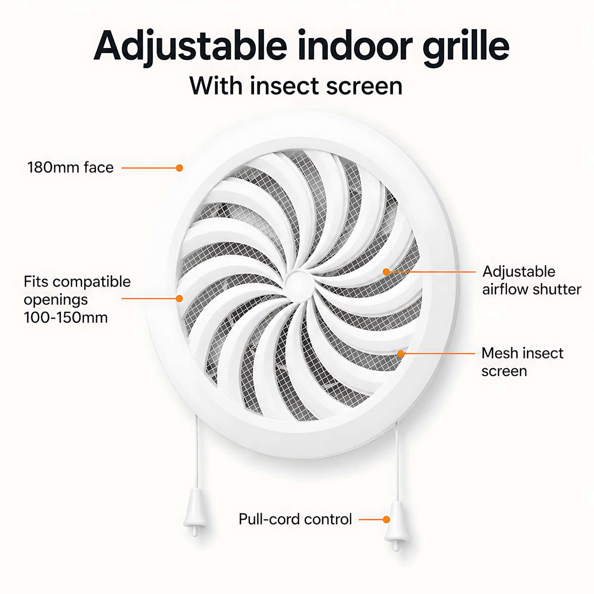100-150 mm (adjustable) White Round Air Vent Grille Adjustable Shutter Duct Pipe