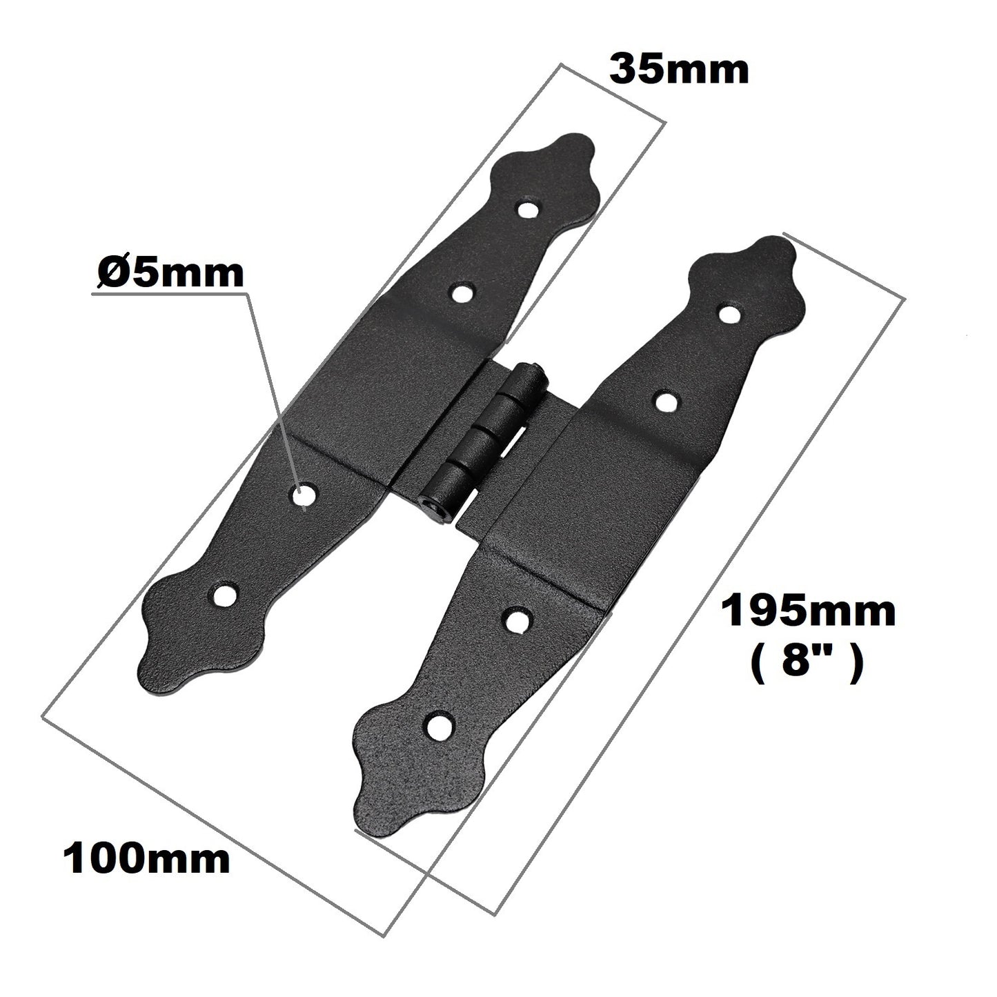 Pack of 2 x 195 mm H Type Hinge Black, Steel H-Shaped Hinges, Weather Resistant, Rust Proof Powder Coating, Strap Hinges
