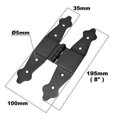 Pack of 2 x 195 mm H Type Hinge Black, Steel H-Shaped Hinges, Weather Resistant, Rust Proof Powder Coating, Strap Hinges