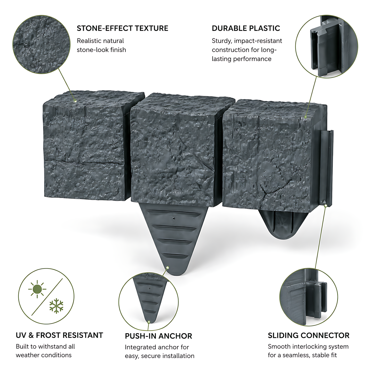 Lawn Edging Garden Palisade Anthracite Grey Stone Effect - 162cm Plastic Border, 6 x 27cm Push-In Sections for Outdoor Landscaping