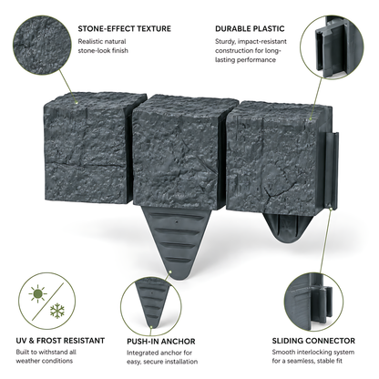 Lawn Edging Garden Palisade Anthracite Grey Stone Effect - 162cm Plastic Border, 6 x 27cm Push-In Sections for Outdoor Landscaping
