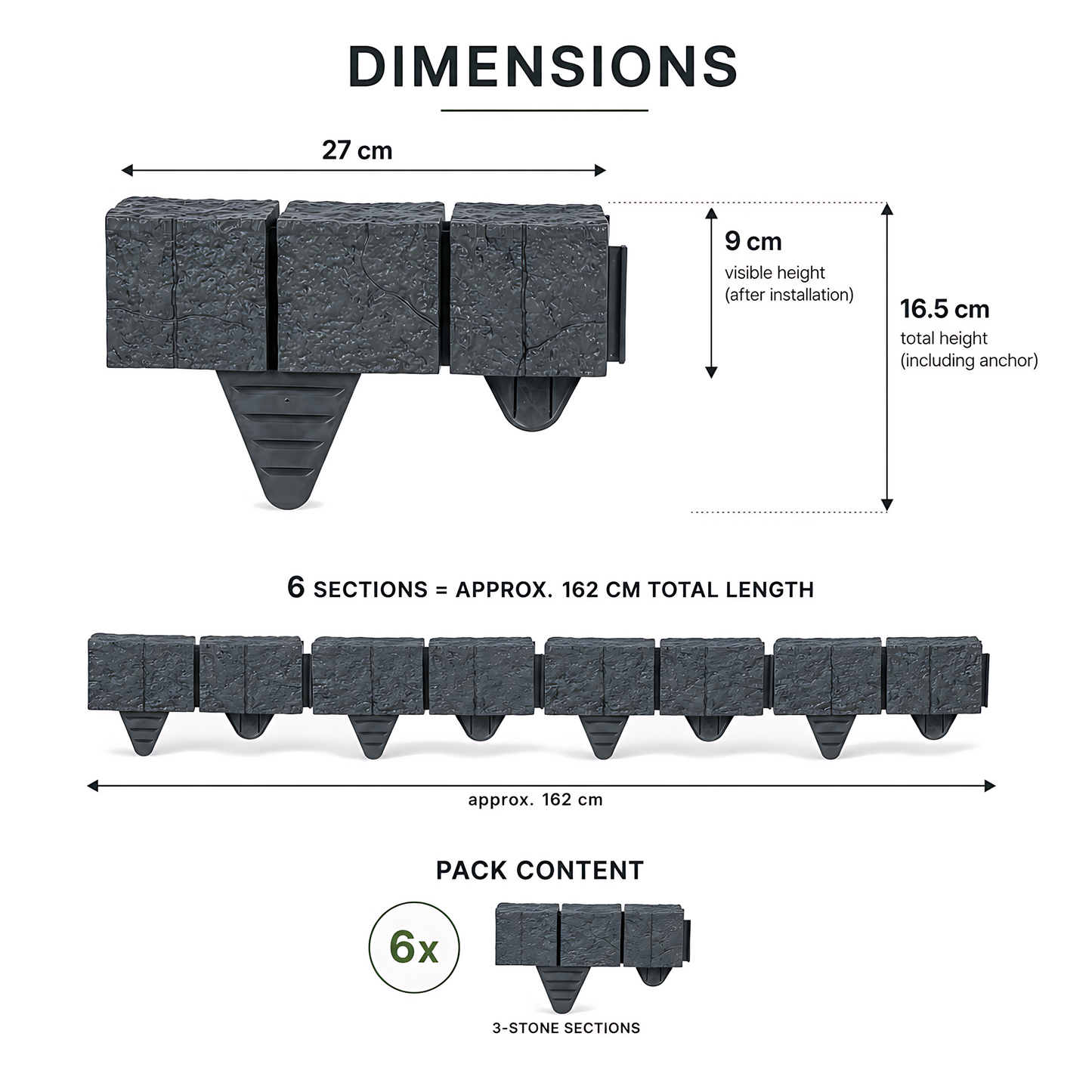 Lawn Edging Garden Palisade Anthracite Grey Stone Effect - 162cm Plastic Border, 6 x 27cm Push-In Sections for Outdoor Landscaping