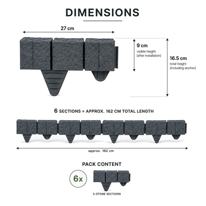 Lawn Edging Garden Palisade Anthracite Grey Stone Effect - 162cm Plastic Border, 6 x 27cm Push-In Sections for Outdoor Landscaping