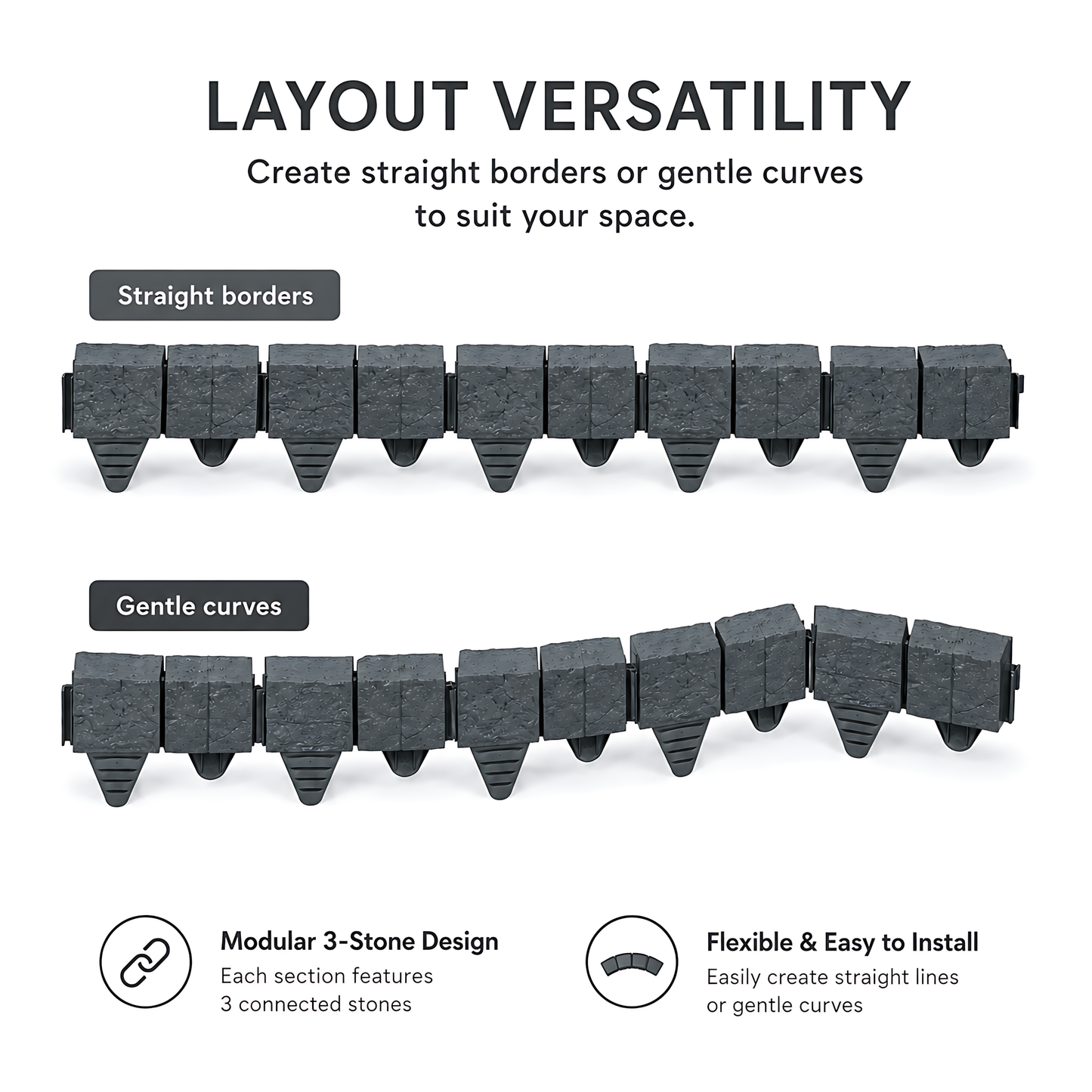 Lawn Edging Garden Palisade Anthracite Grey Stone Effect - 162cm Plastic Border, 6 x 27cm Push-In Sections for Outdoor Landscaping