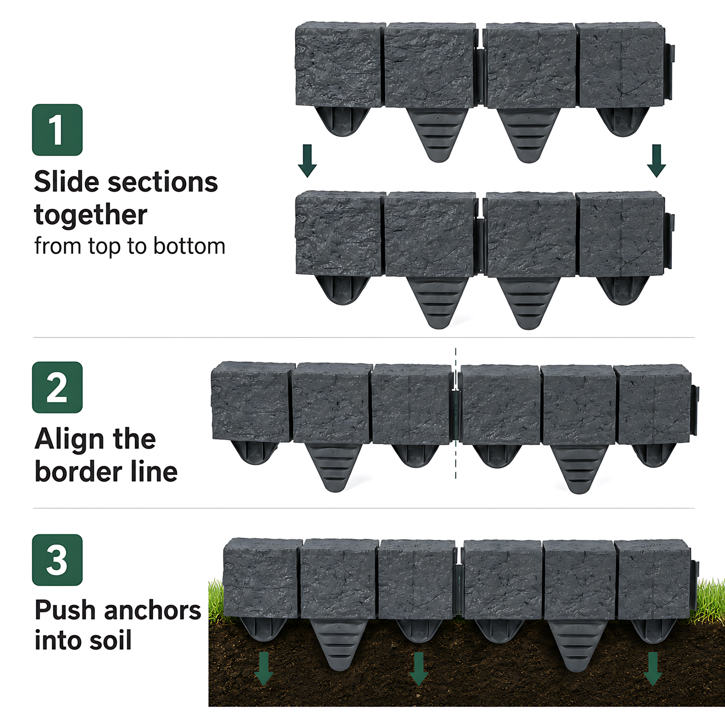 Lawn Edging Garden Palisade Anthracite Grey Stone Effect - 162cm Plastic Border, 6 x 27cm Push-In Sections for Outdoor Landscaping