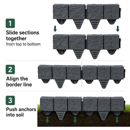 Lawn Edging Garden Palisade Anthracite Grey Stone Effect - 162cm Plastic Border, 6 x 27cm Push-In Sections for Outdoor Landscaping