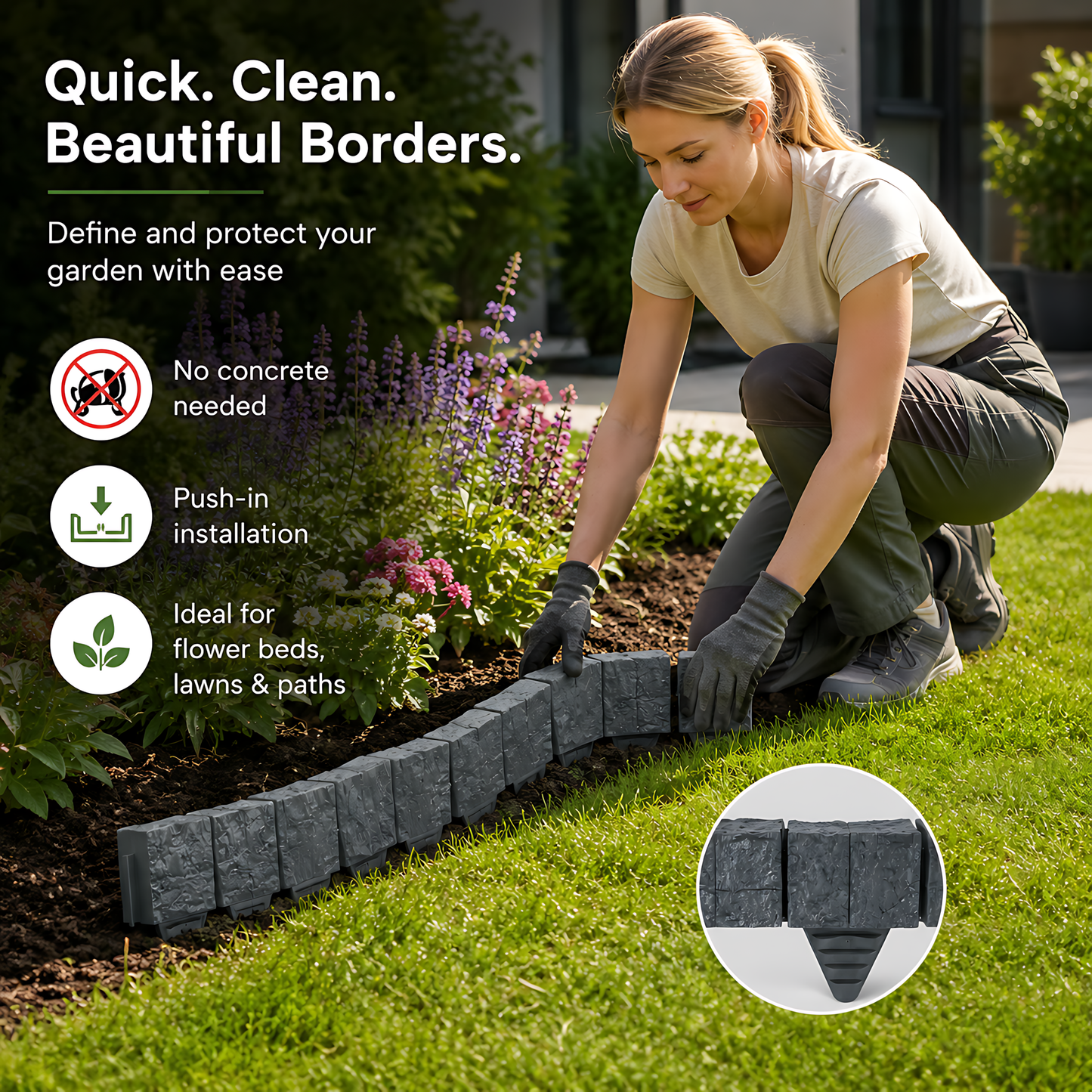 Lawn Edging Garden Palisade Anthracite Grey Stone Effect - 162cm Plastic Border, 6 x 27cm Push-In Sections for Outdoor Landscaping