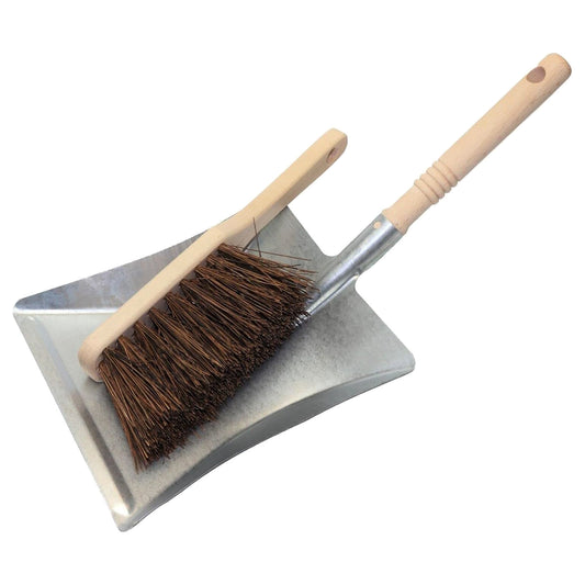 Stiff Bassine Hand Brush and Long Handle Metal Dustpan Set - 28cm Heavy Duty Wooden Scrubbing Brush with Hard Bristles and Pan