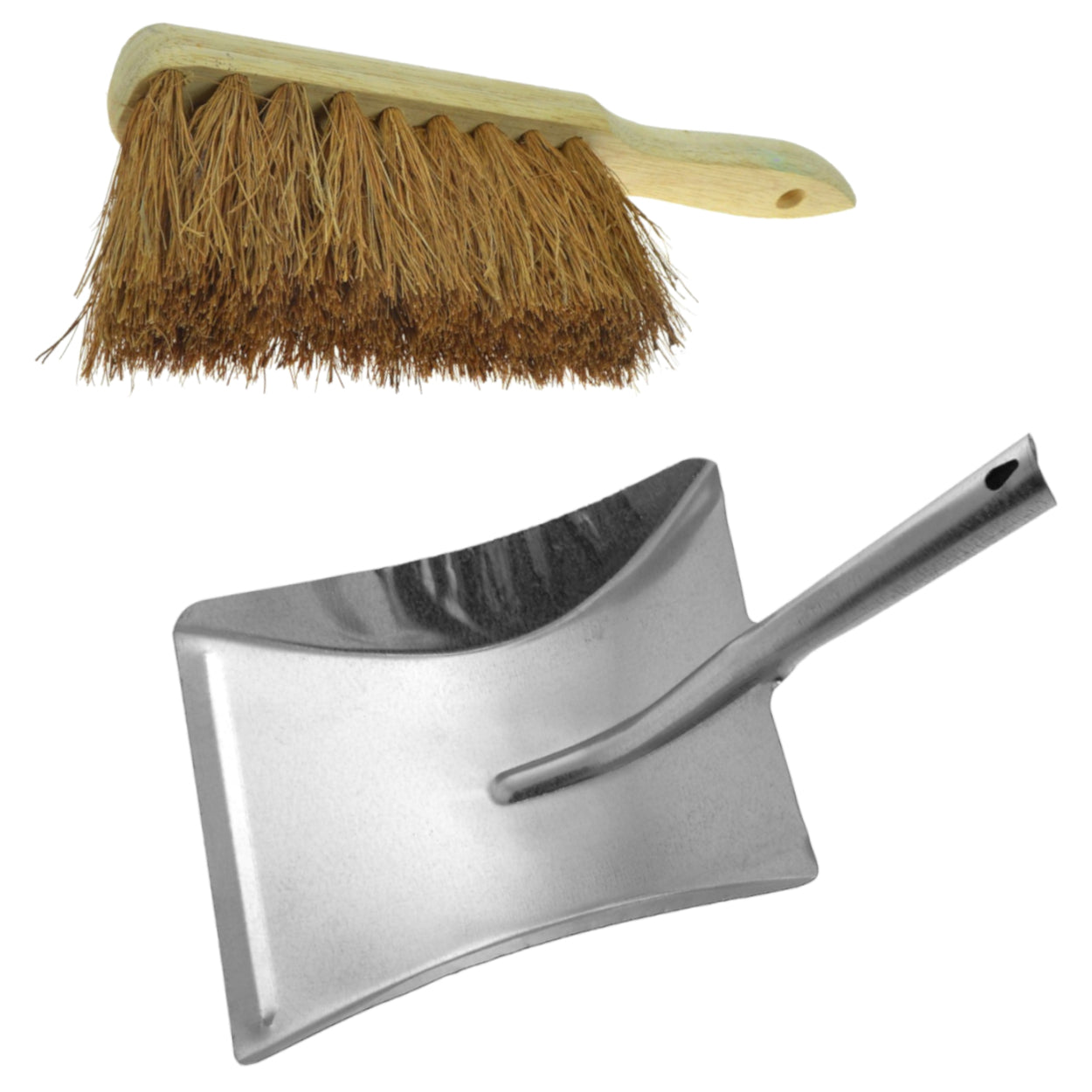 Soft Coco Hand Brush and Galvanised Metal Dustpan Set - Natural Coconut Bristles with Wooden Handle - Indoor Surface-Safe Cleaning
