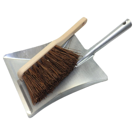 Stiff Bassine Hand Brush and Galvanised Metal Dustpan Set - 28cm Heavy Duty Wooden Scrubbing Brush with Hard Bristles and Pan
