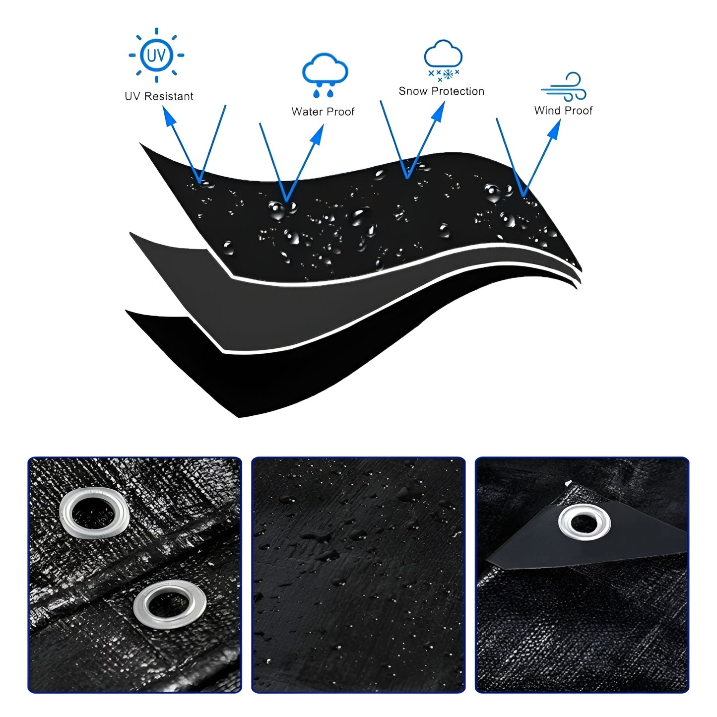 3 x 3 m Heavy-Duty Tarpaulin Cover - Black 235GSM - Waterproof, Frost-Resistant, UV Protection, Multipurpose, Groundsheet