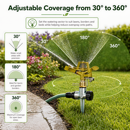 Pulsating Garden Sprinkler 360 Degree - Metal Impact Head, Adjustable Arc, Quick Connector Adaptor Compatible with Hozelock