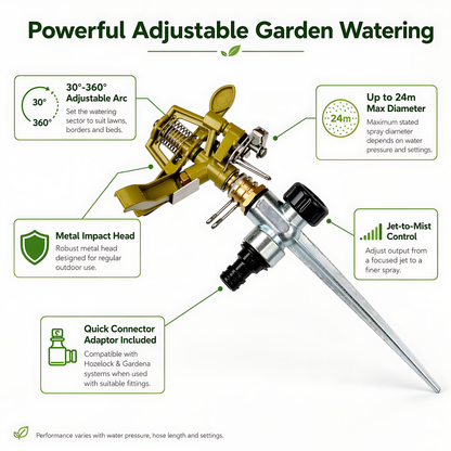 Pulsating Garden Sprinkler 360 Degree - Metal Impact Head, Adjustable Arc, Quick Connector Adaptor Compatible with Hozelock