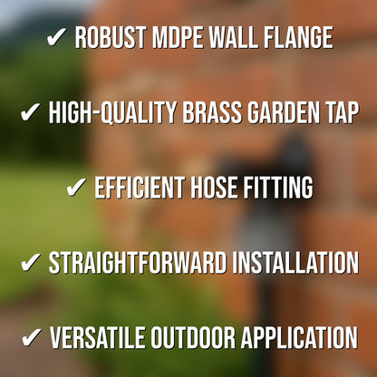 20mm MDPE Wall Flange Kit - Wall Plate Elbow with 1/2" Brass Garden Tap & Hozelock Compatible Hose Connector - Easy to Install