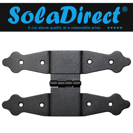 Pack of 2 x 195 mm H Type Hinge Black, Steel H-Shaped Hinges, Weather Resistant, Rust Proof Powder Coating, Strap Hinges