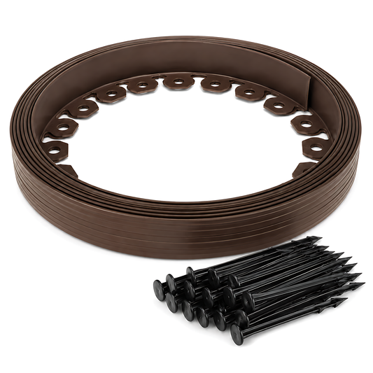 Brown Lawn Edging Border 10m 33ft x 38mm - Flexible Plastic Garden Edge Strip with 20 Securing Pegs, Easy Cut-to-Shape Landscape Trim for Flower Beds, Grass, Paths, Gravel, Bark and Mowing Strips