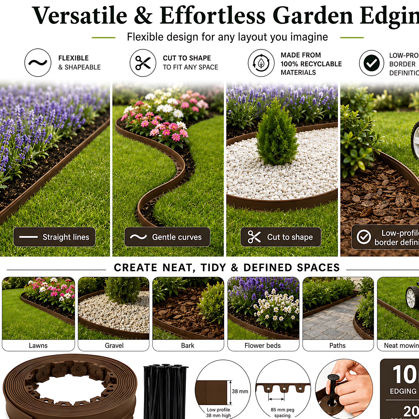 Brown Lawn Edging Border 10m 33ft x 38mm - Flexible Plastic Garden Edge Strip with 20 Securing Pegs, Easy Cut-to-Shape Landscape Trim for Flower Beds, Grass, Paths, Gravel, Bark and Mowing Strips