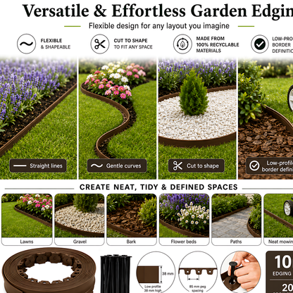 Brown Lawn Edging Border 10m 33ft x 38mm - Flexible Plastic Garden Edge Strip with 20 Securing Pegs, Easy Cut-to-Shape Landscape Trim for Flower Beds, Grass, Paths, Gravel, Bark and Mowing Strips