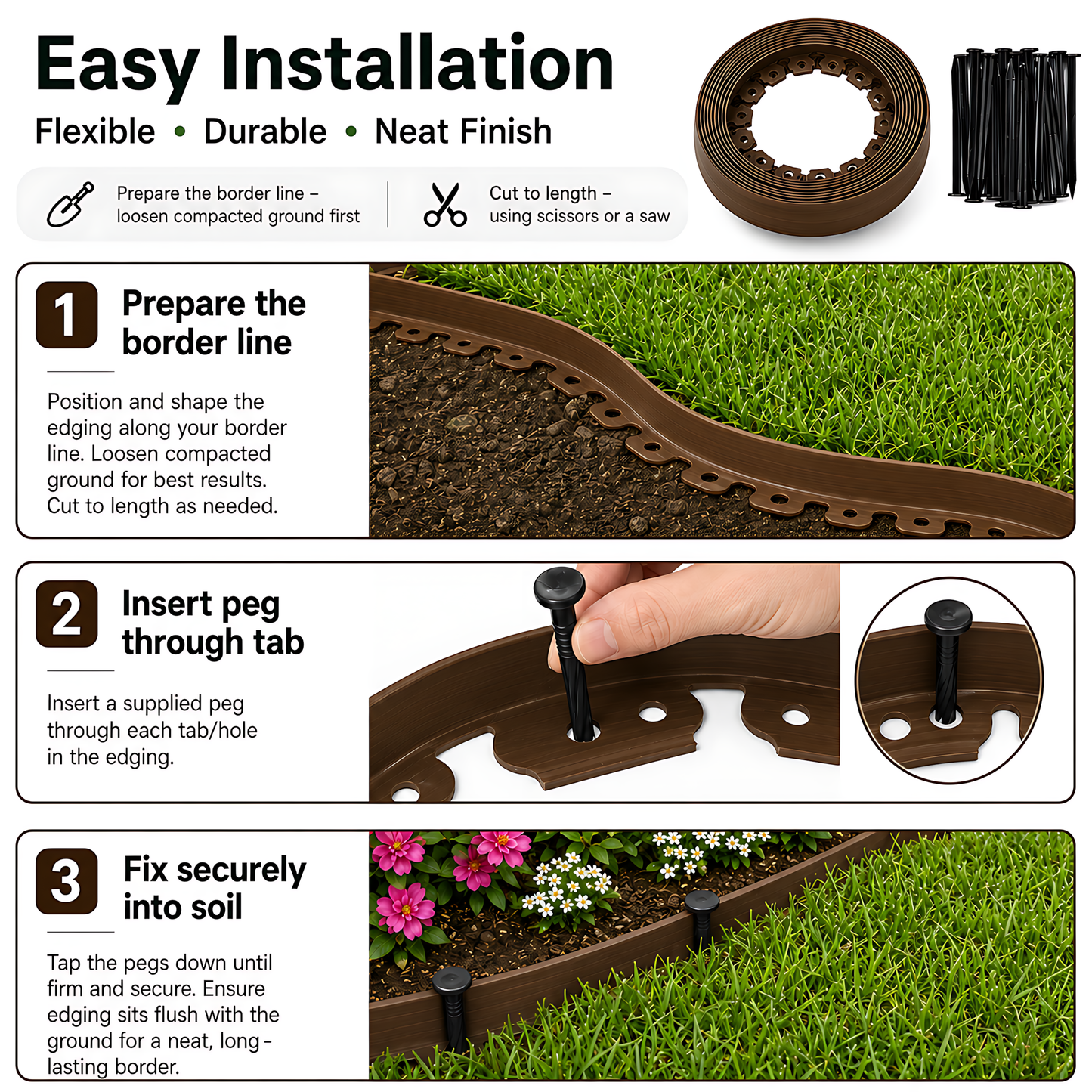 Brown Lawn Edging Border 10m 33ft x 38mm - Flexible Plastic Garden Edge Strip with 20 Securing Pegs, Easy Cut-to-Shape Landscape Trim for Flower Beds, Grass, Paths, Gravel, Bark and Mowing Strips