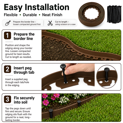 Brown Lawn Edging Border 10m 33ft x 38mm - Flexible Plastic Garden Edge Strip with 20 Securing Pegs, Easy Cut-to-Shape Landscape Trim for Flower Beds, Grass, Paths, Gravel, Bark and Mowing Strips
