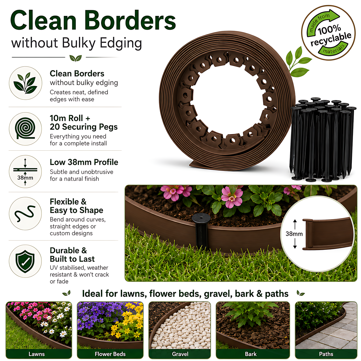 Brown Lawn Edging Border 10m 33ft x 38mm - Flexible Plastic Garden Edge Strip with 20 Securing Pegs, Easy Cut-to-Shape Landscape Trim for Flower Beds, Grass, Paths, Gravel, Bark and Mowing Strips