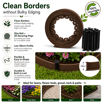 Brown Lawn Edging Border 10m 33ft x 38mm - Flexible Plastic Garden Edge Strip with 20 Securing Pegs, Easy Cut-to-Shape Landscape Trim for Flower Beds, Grass, Paths, Gravel, Bark and Mowing Strips