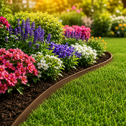 Brown Lawn Edging Border 10m 33ft x 38mm - Flexible Plastic Garden Edge Strip with 20 Securing Pegs, Easy Cut-to-Shape Landscape Trim for Flower Beds, Grass, Paths, Gravel, Bark and Mowing Strips
