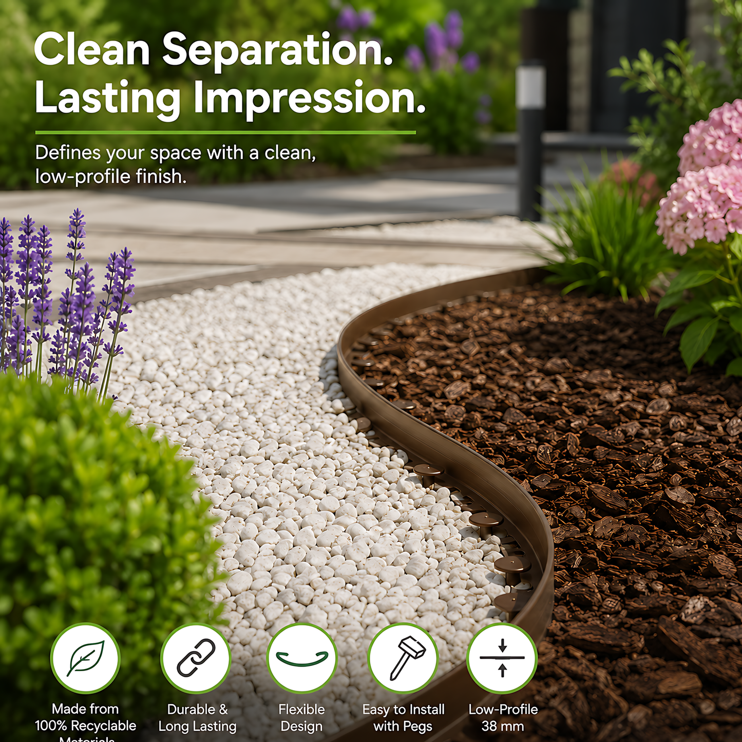 Brown Lawn Edging Border 10m 33ft x 38mm - Flexible Plastic Garden Edge Strip with 20 Securing Pegs, Easy Cut-to-Shape Landscape Trim for Flower Beds, Grass, Paths, Gravel, Bark and Mowing Strips