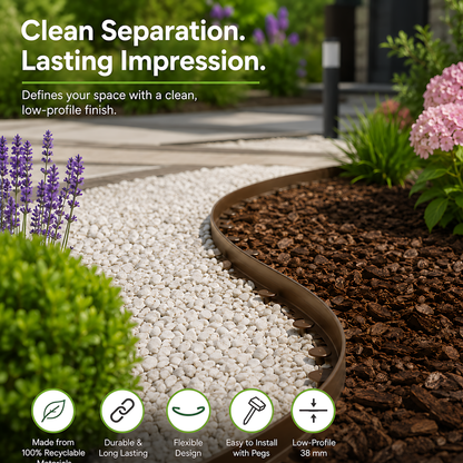 Brown Lawn Edging Border 10m 33ft x 38mm - Flexible Plastic Garden Edge Strip with 20 Securing Pegs, Easy Cut-to-Shape Landscape Trim for Flower Beds, Grass, Paths, Gravel, Bark and Mowing Strips