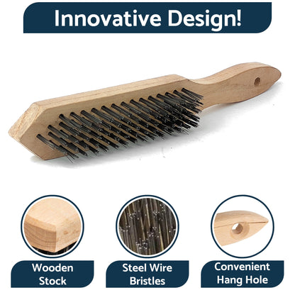 Set of 6 x Wire Brush, Heavy-Duty Handheld Steel Wire Brushes with Wooden Handle - Rust Remover - Tough Steel Wire Bristles