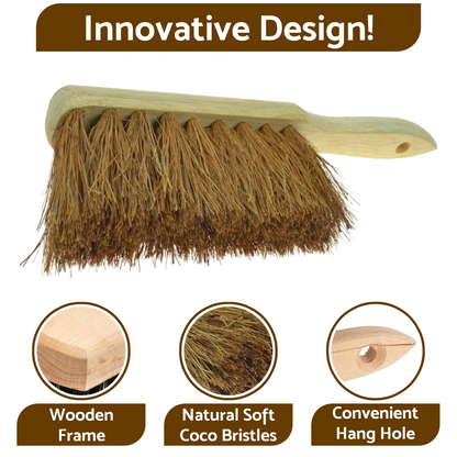 Soft Coco Hand Brush and Blue Metal Dustpan Set - Natural Coconut Bristles with Wooden Handle - Indoor Surface-Safe Cleaning Brush