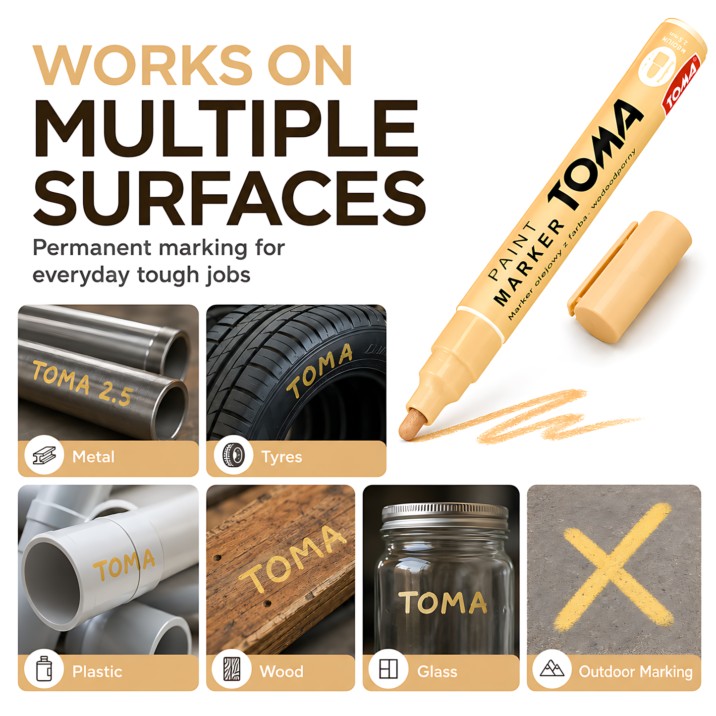 Flesh Tone Oil-Based Paint Marker Pen Permanent - 2.5mm Round Tip, Fast-Drying Waterproof Ink - Universal for All Surfaces